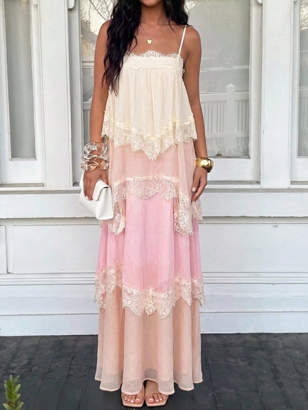 Multicolor Women's Party Contrast Lace Trim Tiered Maxi Dress - Picture 4 of 4